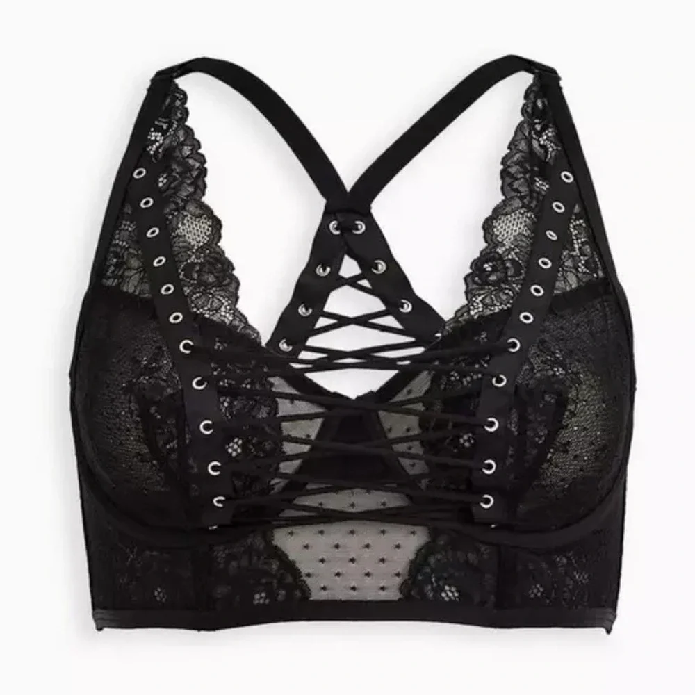 NWT Torrid Bralette Size 2 Black Lace Up Racerback Underwire Longline Goth #1084 - Picture 3 of 6